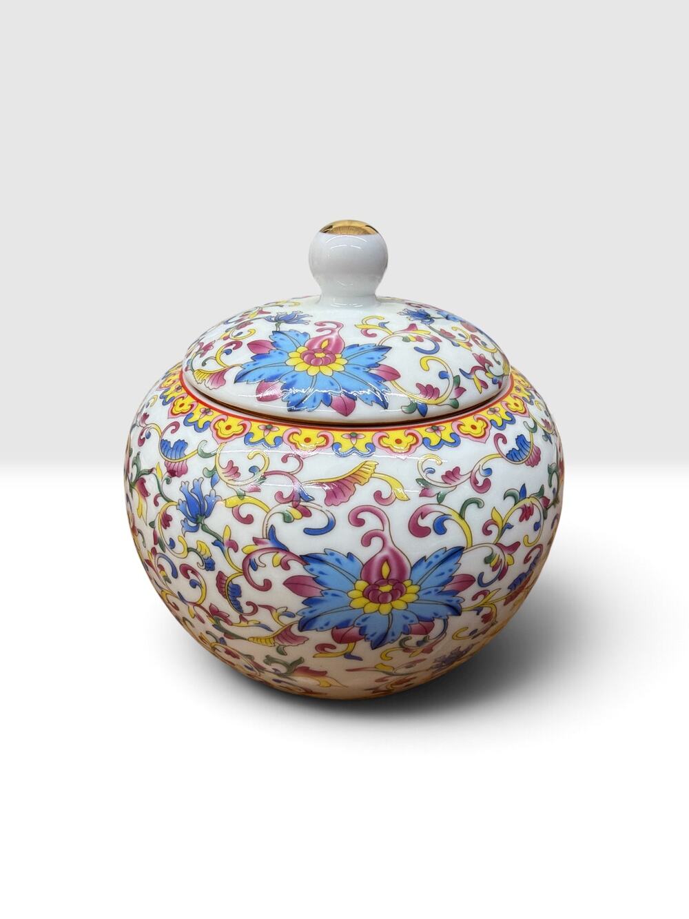 Chinese Style Famille Rose Porcelain Ginger Jar Copper Screw Lid 6 Inch